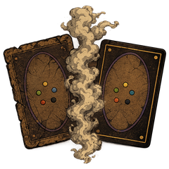 Two Magic card backs, one weathered and one new, split by smoke
